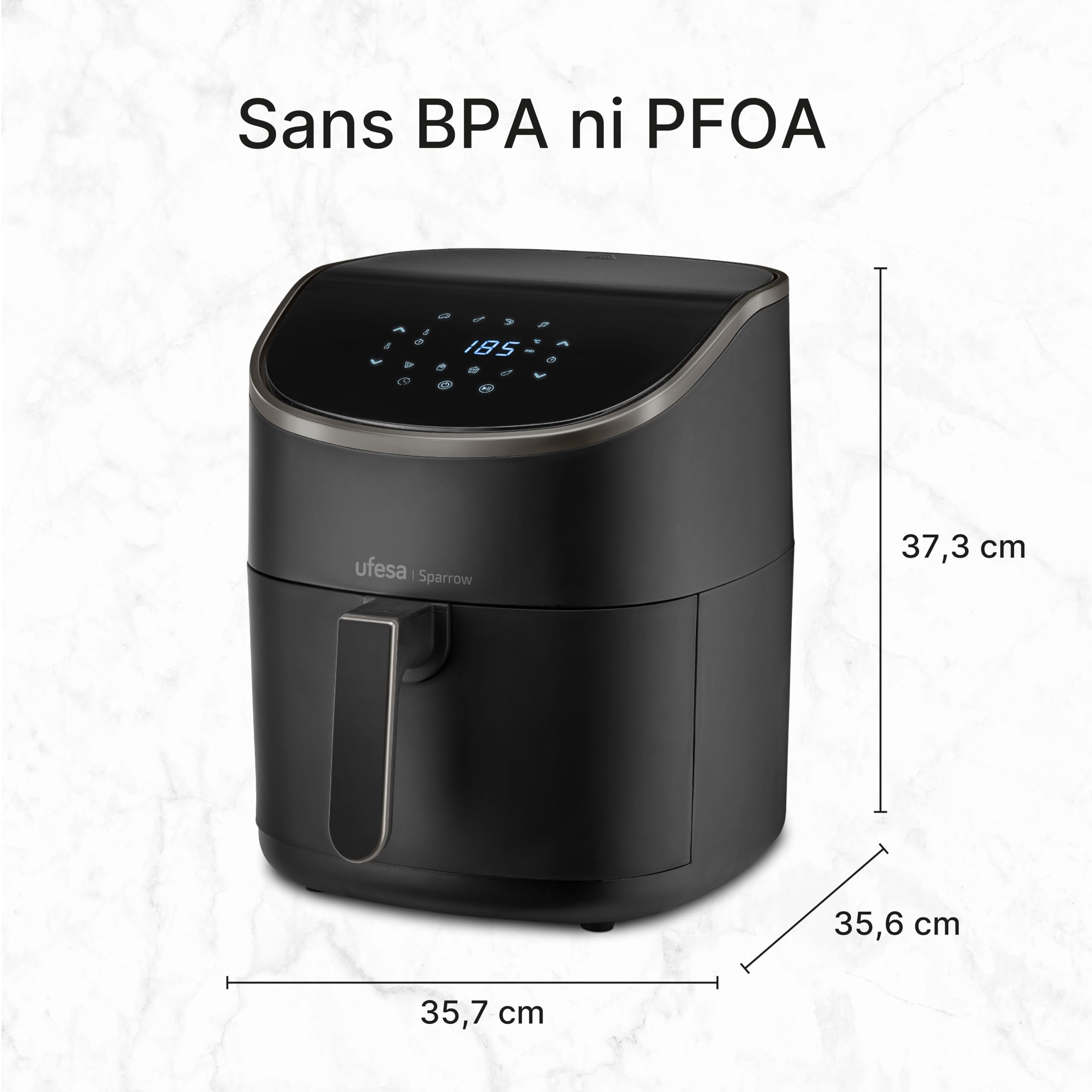 Ufesa Sparrow frytkownica powietrzna, 6 l, Air Fryer 8 programów, 1700 W, cyfrowa, timer, temperatura 80°C - 200°C, bez BPA i PFOA, frytkownica powietrzna z wiadrem i tacą zapobiegającą przywieraniu