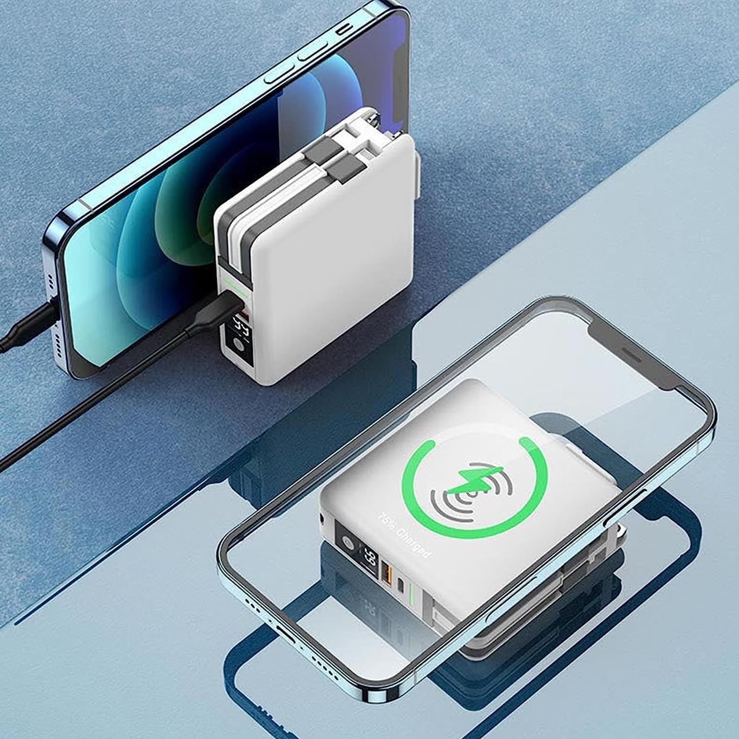 Pwr Travel - Międzynarodowy power bank 5 w 1, przenośna ładowarka z wtyczką sieciową AC i wbudowanymi kablami, power bank 10000 mAh USB C z bezprzewodową ładowarką, 4 wyjścia 2 wejścia + szybkie ładow