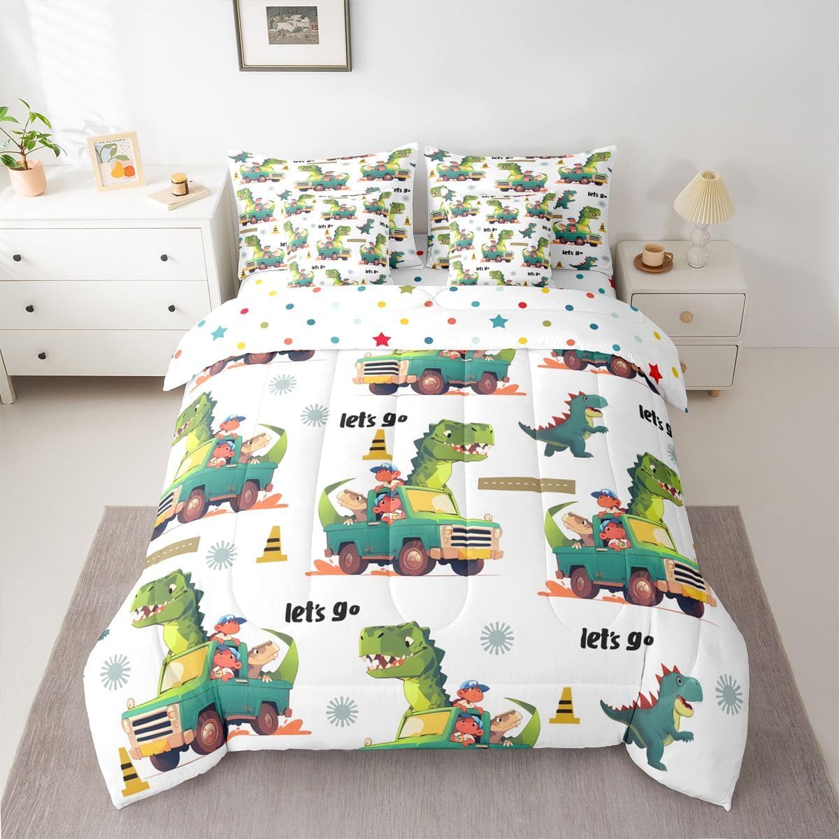 Feelyou Garbage Trucks Bed Set Green Car Bedding Set 7 Pieces for Kids Boys Girls Teens Powered Waste Management Recycling Comforter Set Queen Size Watercolor Bed in a Bag