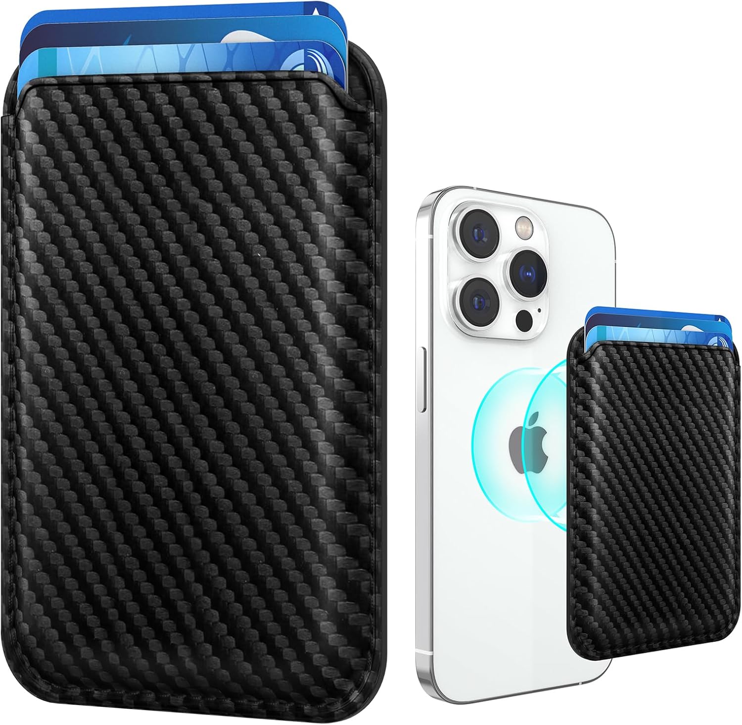 Magnetic Cell Phone Card Holder for Phone Case with Mag Safe, Stronger Magnetic RFID Leather Phone Wallet Stick on Series of iPhone 17/16/15/14/13/12 and Pro/Promax, Carbon Fiber Black