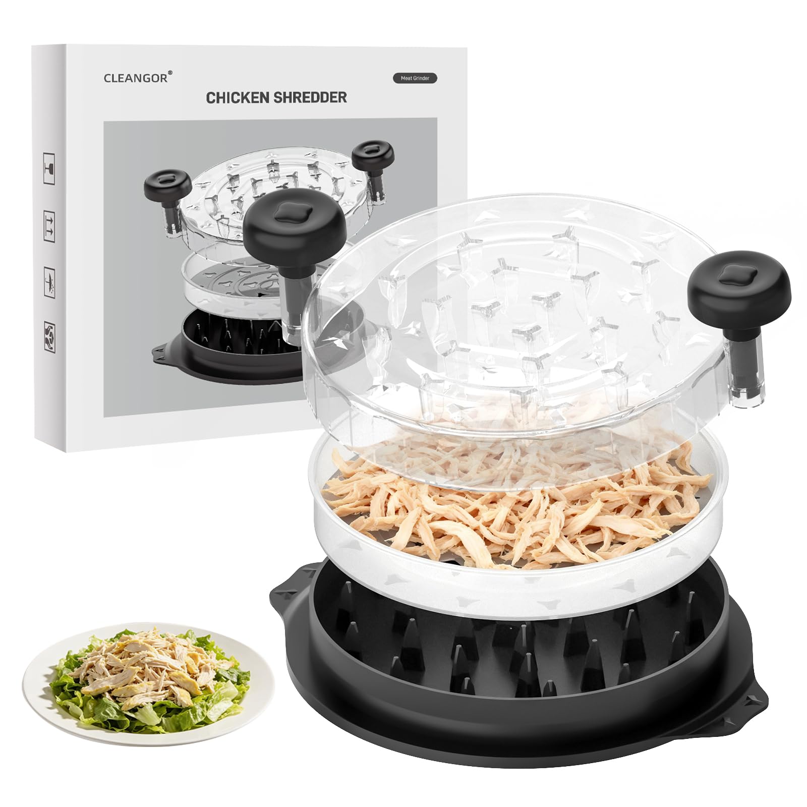 Cleangor Chicken Shredder Tool Twist, Visible Chicken Breast Shredder Tool | Meat Shredder with Removable Tray, Ergonomic Handle, Non-Slip Base Food Shredder Tool for Chicken, Pork, Beef, Fish