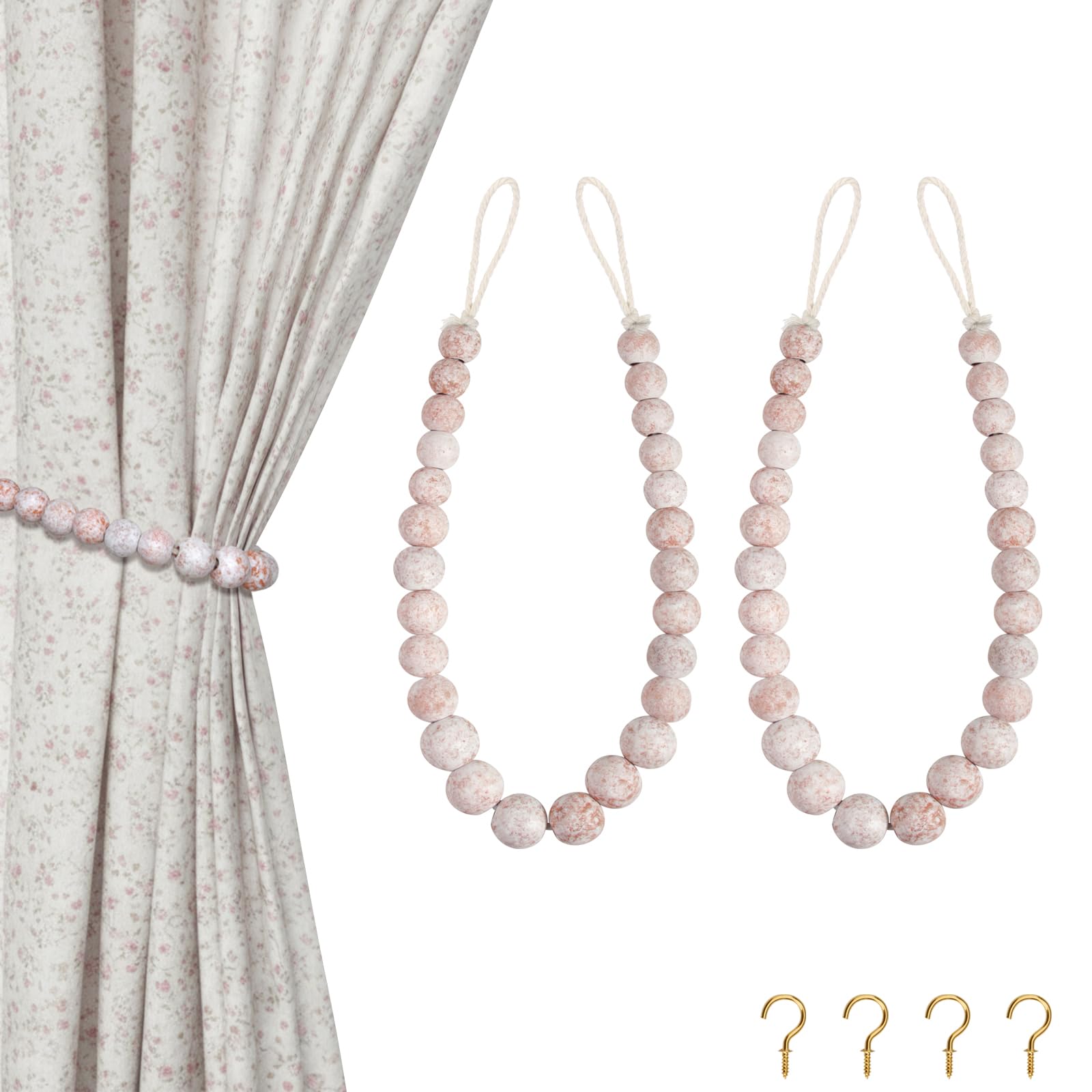 Hion 2 Pcs Boho Curtain Tiebacks,Wood Beads Curtain Holdbacks,Outdoor Farmhouse Tie Backs for Curtains,Curtain Holders for Drapes Home Office Decor with Hooks(White Washed)