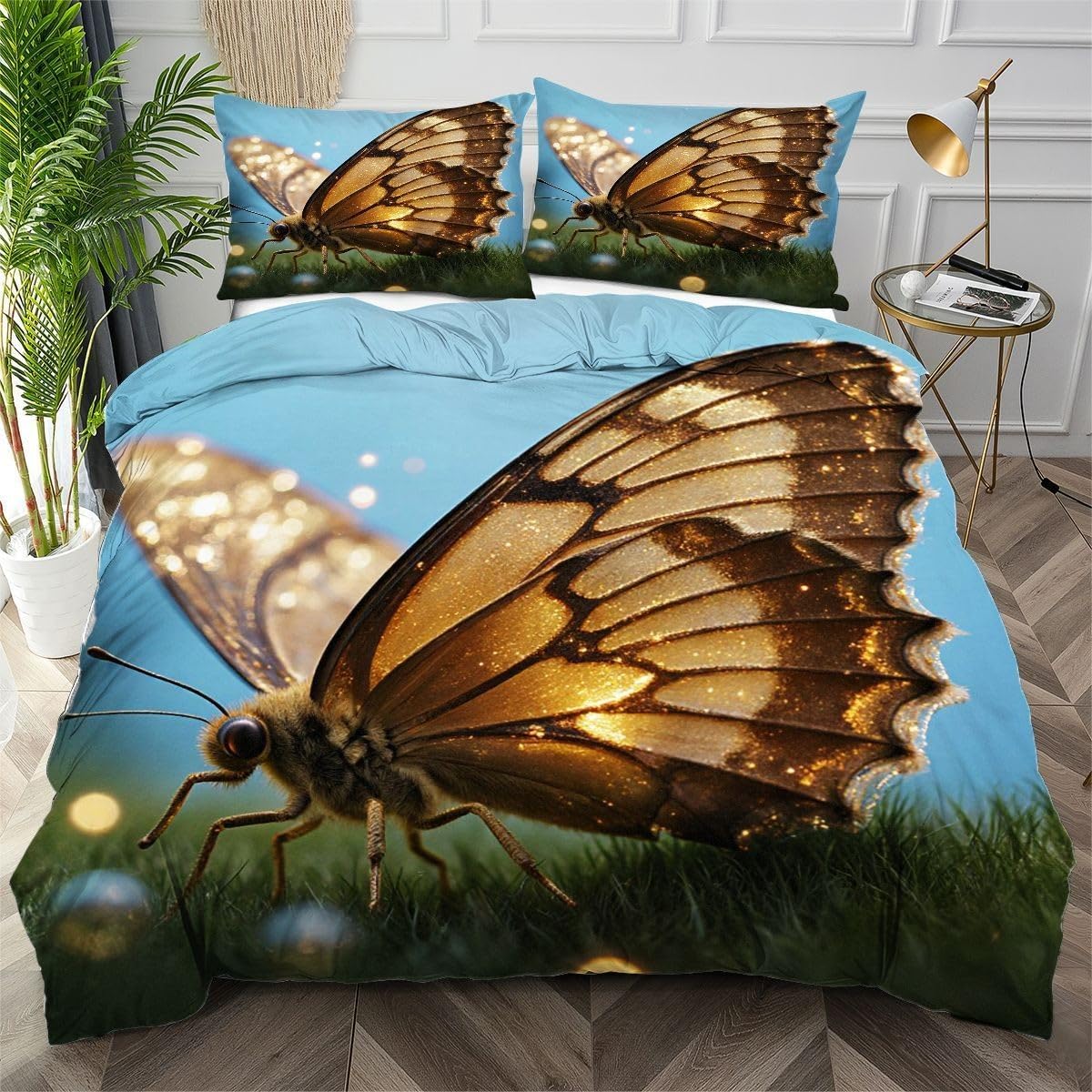 Housse de couette 140x200 papillon bleu parure de lit microfibre enfant avec taies d'oreiller