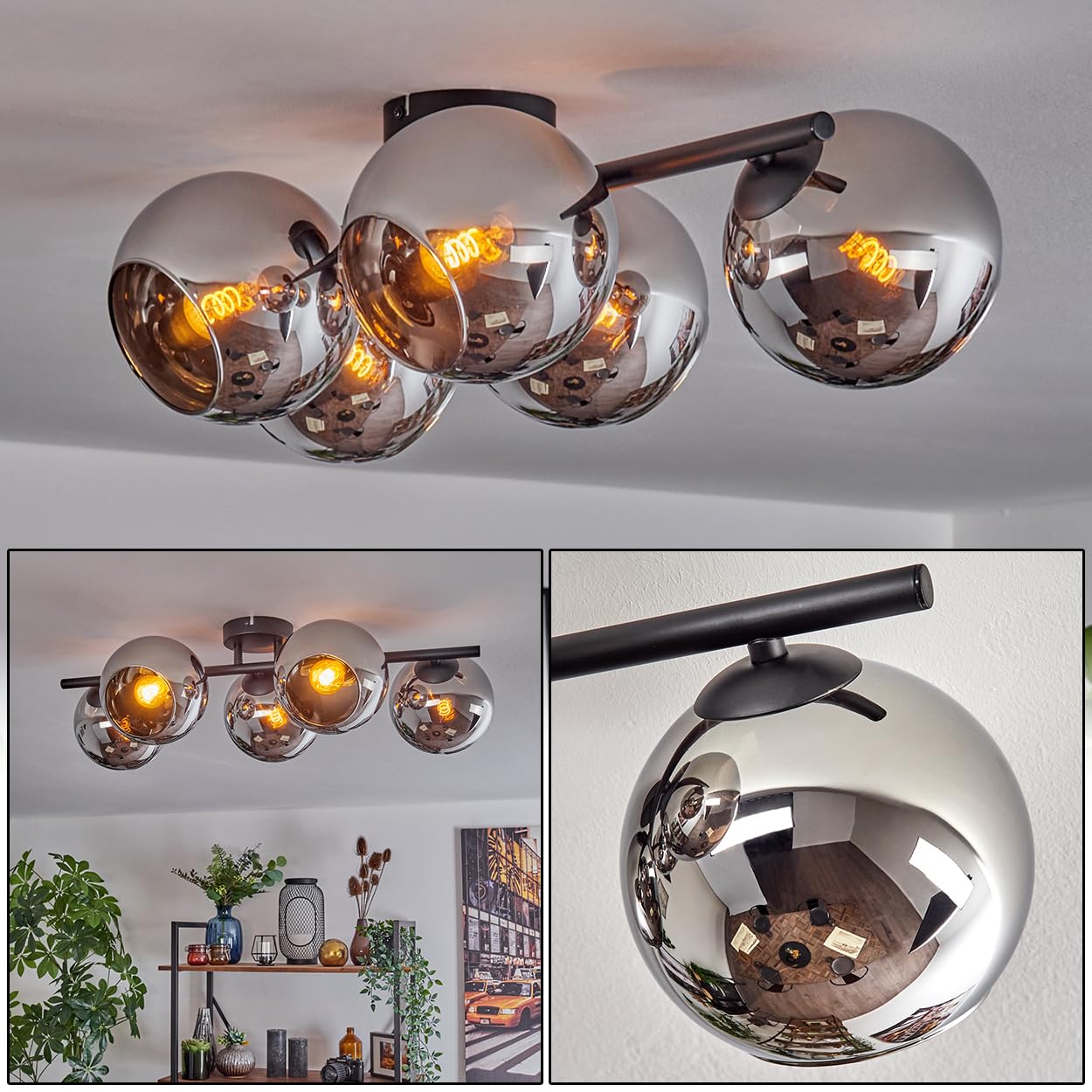 Hofstein Deckenleuchte Deckenlampe Aus Metall/Riffelglas In Schwarz Goldfarben Weiss Ohne Leuchtmittel Leuchte Mit Schirmen Aus Glas 15 Cm 6 X G9 Ohne Leuchtmittel S09ab0gb