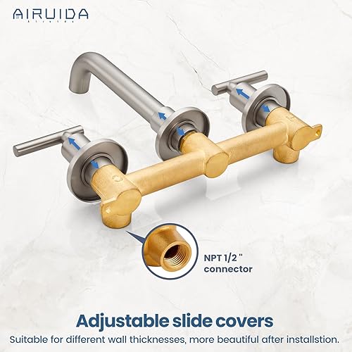 Miniatura 4 de Airuida Grifo de lavabo de baño de níquel cepillado montado en la pared de 3 agujeros con doble mango giratorio 360 boquilla giratoria de montaje en