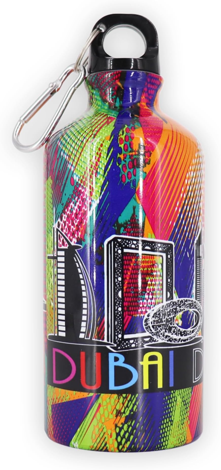 DISCOVER DUBAI Urban Art Aluminum Water Bottle with Carabiner Clip โ 600ml (Art Deco, Black)