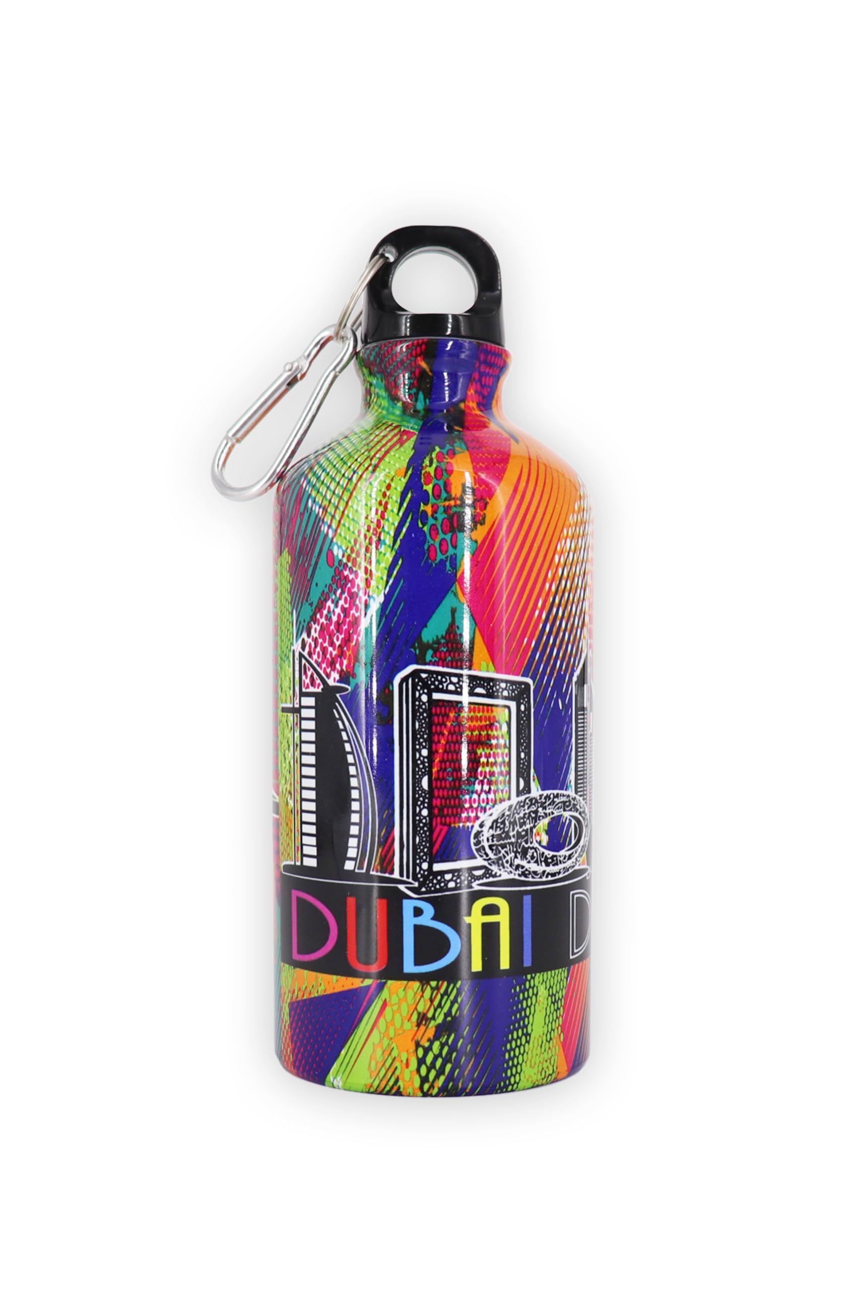 DISCOVER DUBAI Urban Art Aluminum Water Bottle with Carabiner Clip – 600ml (Art Deco, Black)