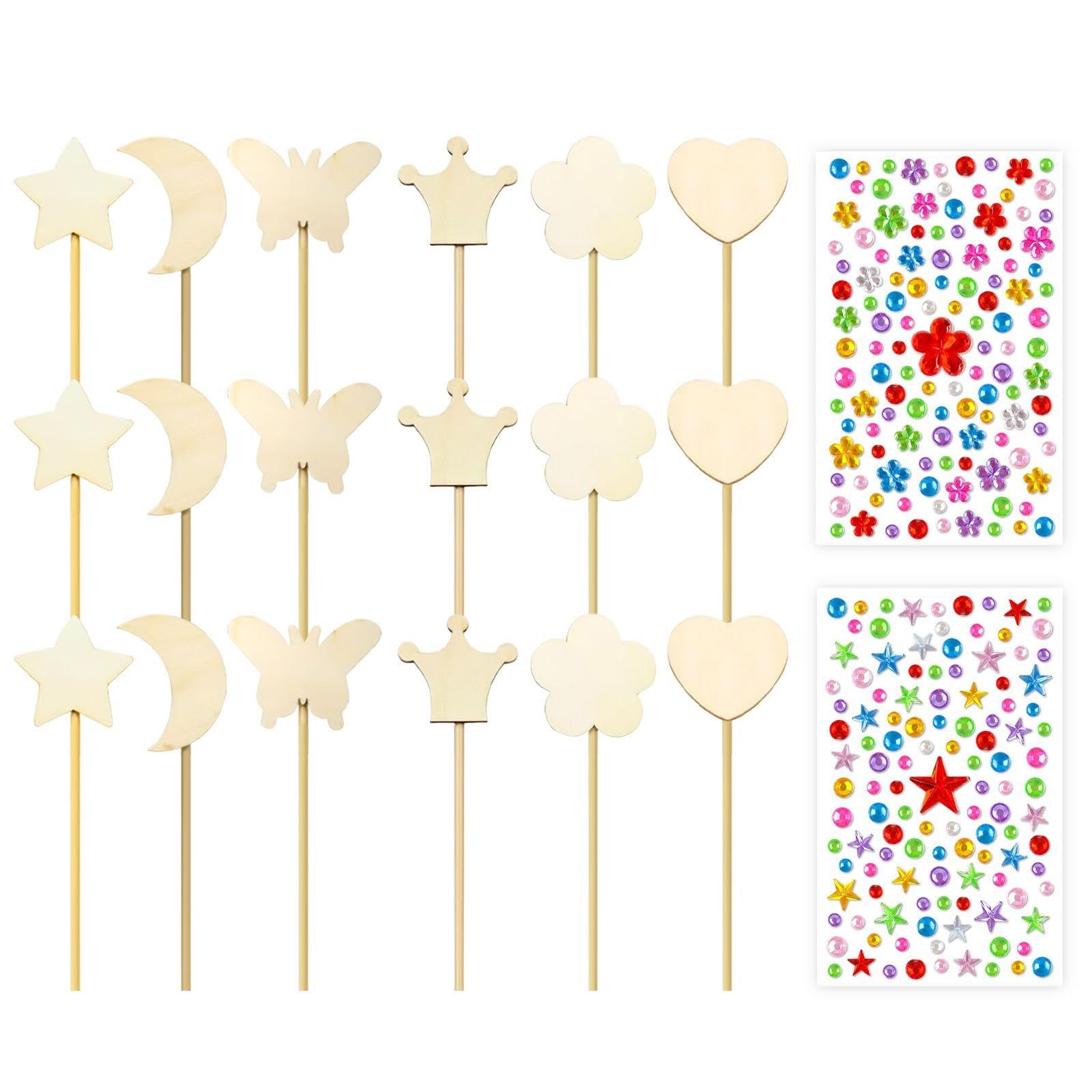 TVSVKWE 18 Pieces Of Wooden Sticks And 2 Pieces Of Rhinestone Stickers, Diy Handmade Materials, Children'S Handmade