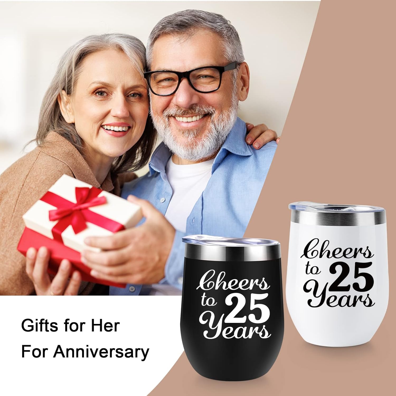 25th Anniversary Wedding Gifts for Couple Gifts for Silver Anniversary Twenty Five Years Anniversary Decorations 2 Pack Wine Tumbler 12 OZ - Image 4