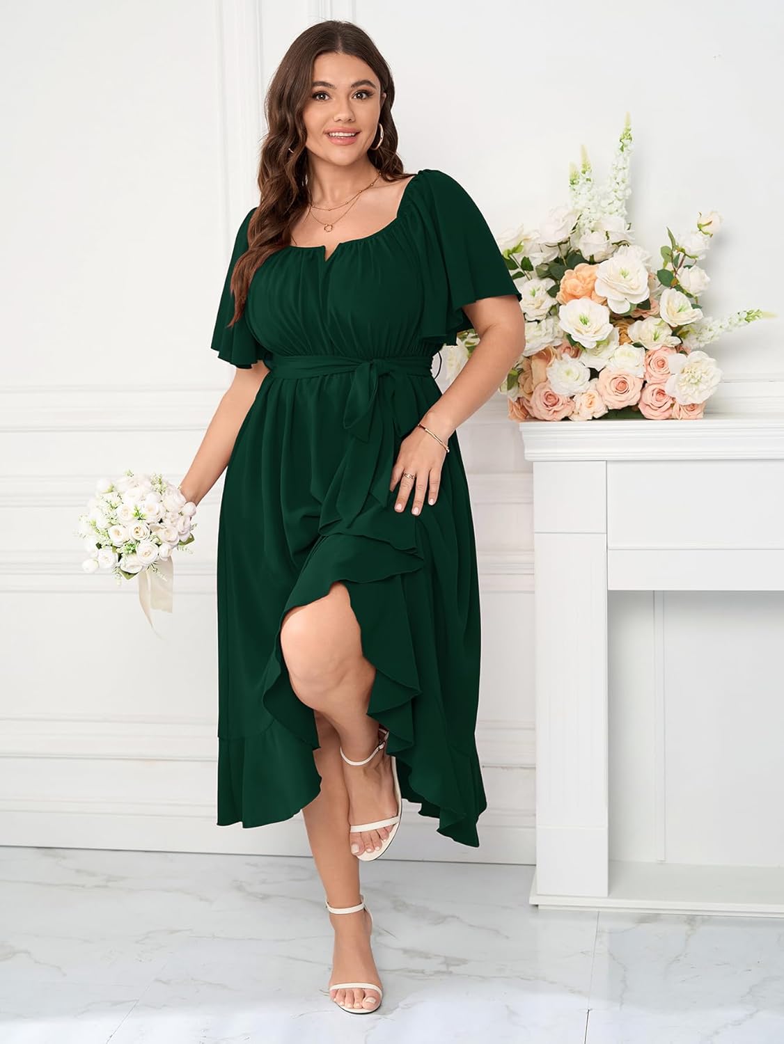 Womens Plus Size Cocktail Midi Dresses Short Sleeve Square Neck Flowy Formal Wedding Guest Dress Off The Shoulder - Image 4
