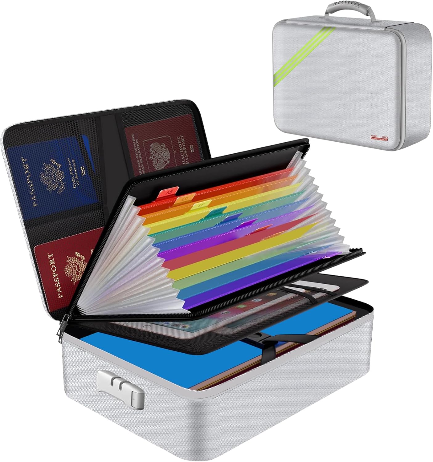 Silver 38 * 28 * 10cm Fireproof Document Bag Home Office Travel Safe Storage Pouch with Zipper for A4 Document Cash Money Valuables Jewelry Passport Currency Keys Tablet