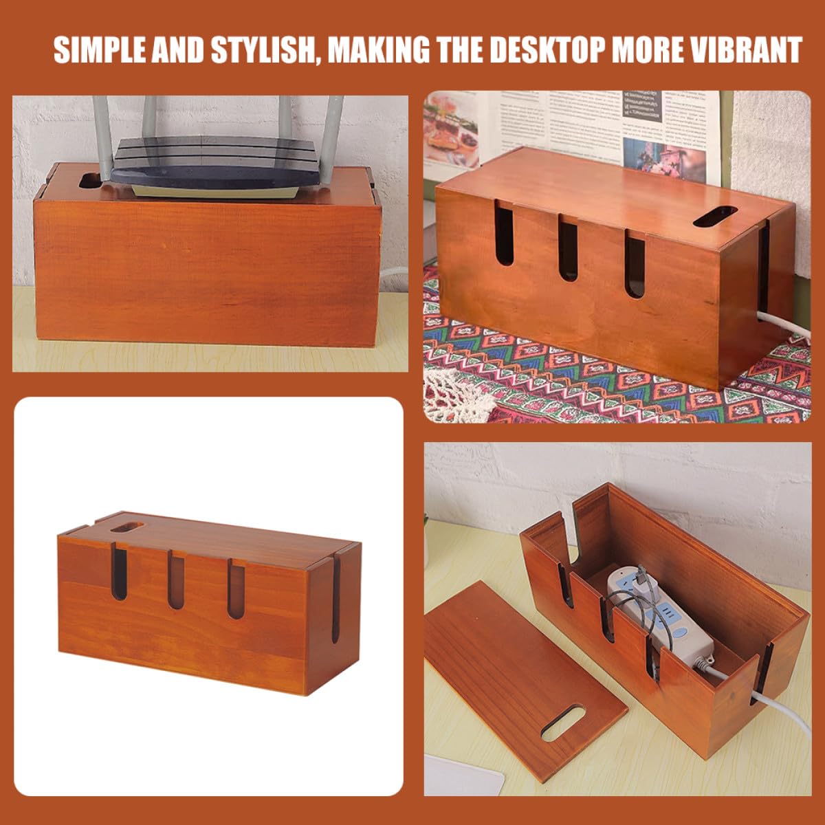 Healeved Scatola Organizer per Cavi da Scrivania in Legno Marrone, Contenitore per Prese e Caricabatterie Design Moderno e Semplice, per Ufficio e Casa