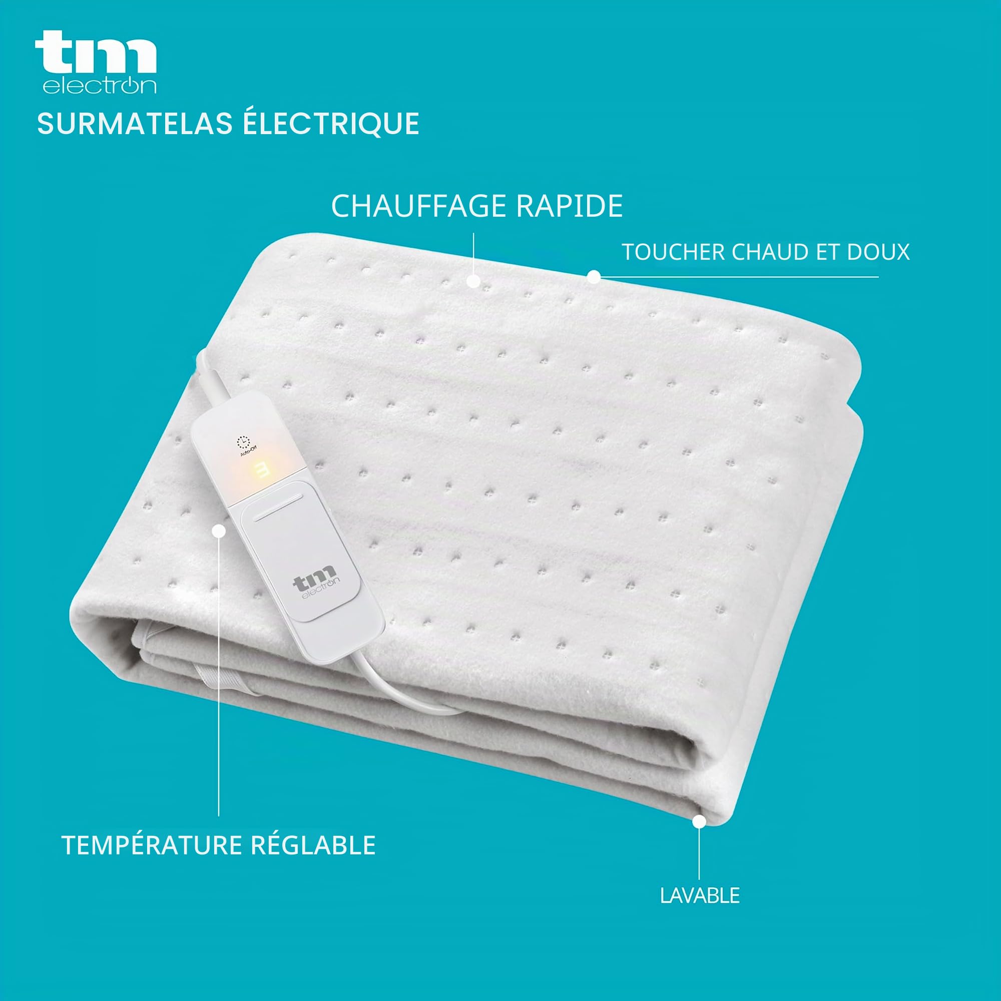 TM Electron Surmatelas Chauffant électrique pour lit Simple 60 W avec 3 Niveaux de température et arrêt Automatique. Dimensions : 150 x 80 cm, Blanc