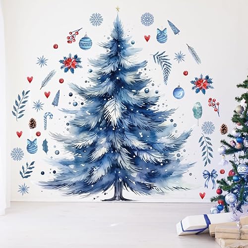 Miniatura 7 de Calcomanías grandes de pared para árbol de Navidad de 22.83 x 16.93 pulgadas, calcomanías de acuarela extraíbles para árbol de Navidad, calcomanías