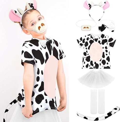Miniatura 4 de Bonuci Disfraz de vaca de Halloween para niñas y niños, incluye diadema de vaca, cola, nariz, corbatín, falda, camiseta y pegatina