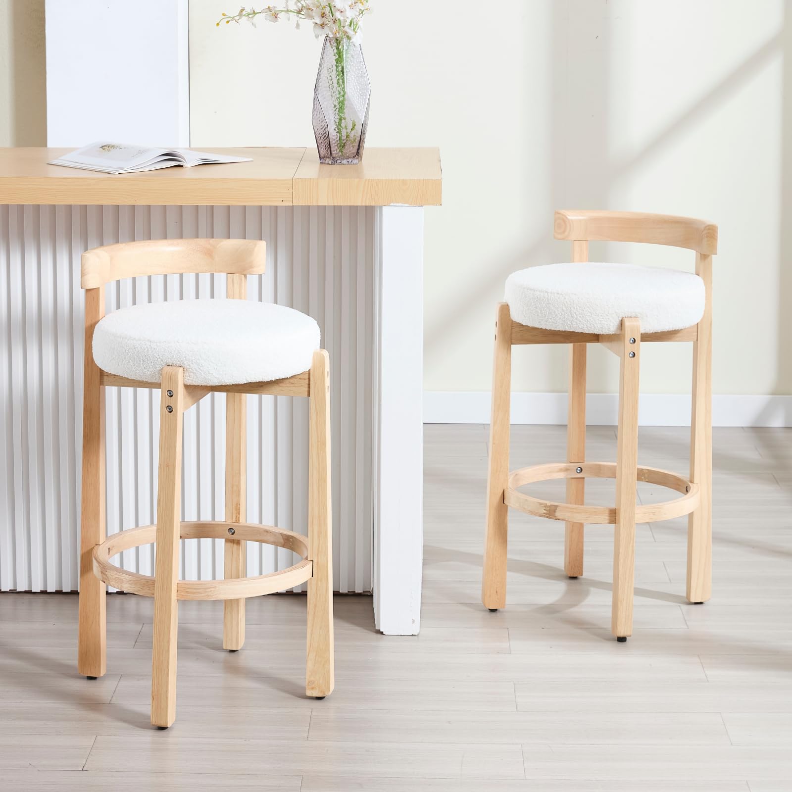 Ya-Home Mid-Century Bar Stools Set of 2, 30.25 Inch Sherpa Counter Height Upholstered Barstools Bar Chairs with Solid Wooden Legs for Kitchen Island