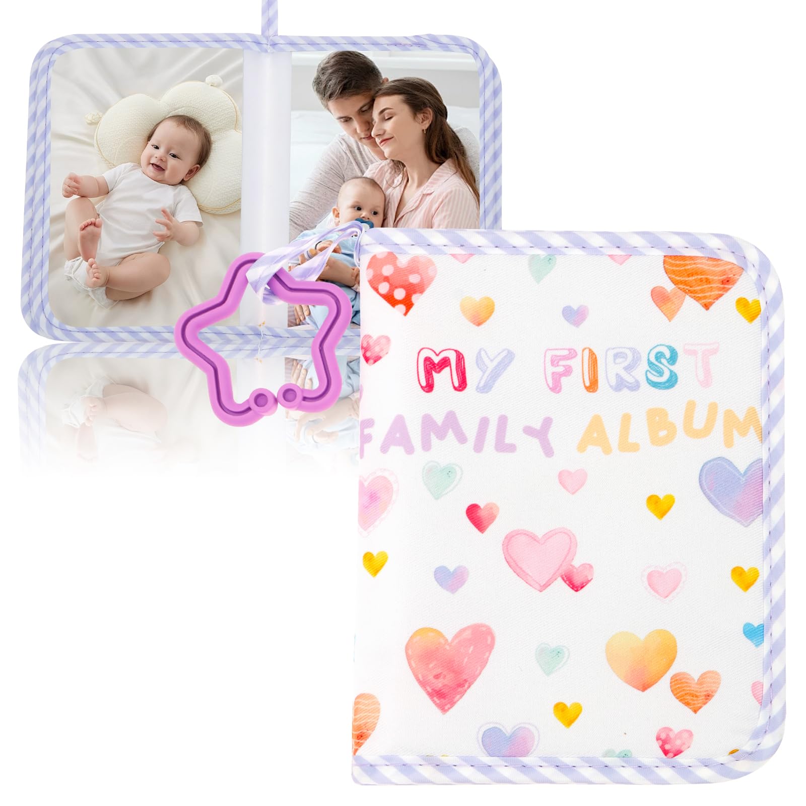 Soft Cloth Baby Photo Album Holds 17 6x4 Pictures, Safe Baby Memory Album Book with Mirror, My First Cute Newborn Family Memory Picture Book Gifts for Babies Shower Newborn Boys Girls(Purple)