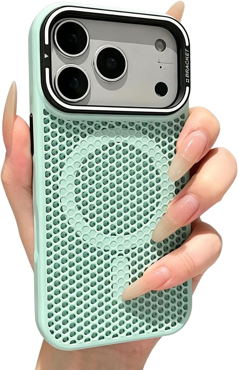 Honeycomb Grid Mesh Cooling Alloy Lens Bracket Support Wireless Charging Phone Case Compatible with iPhone 17, Ice Blue