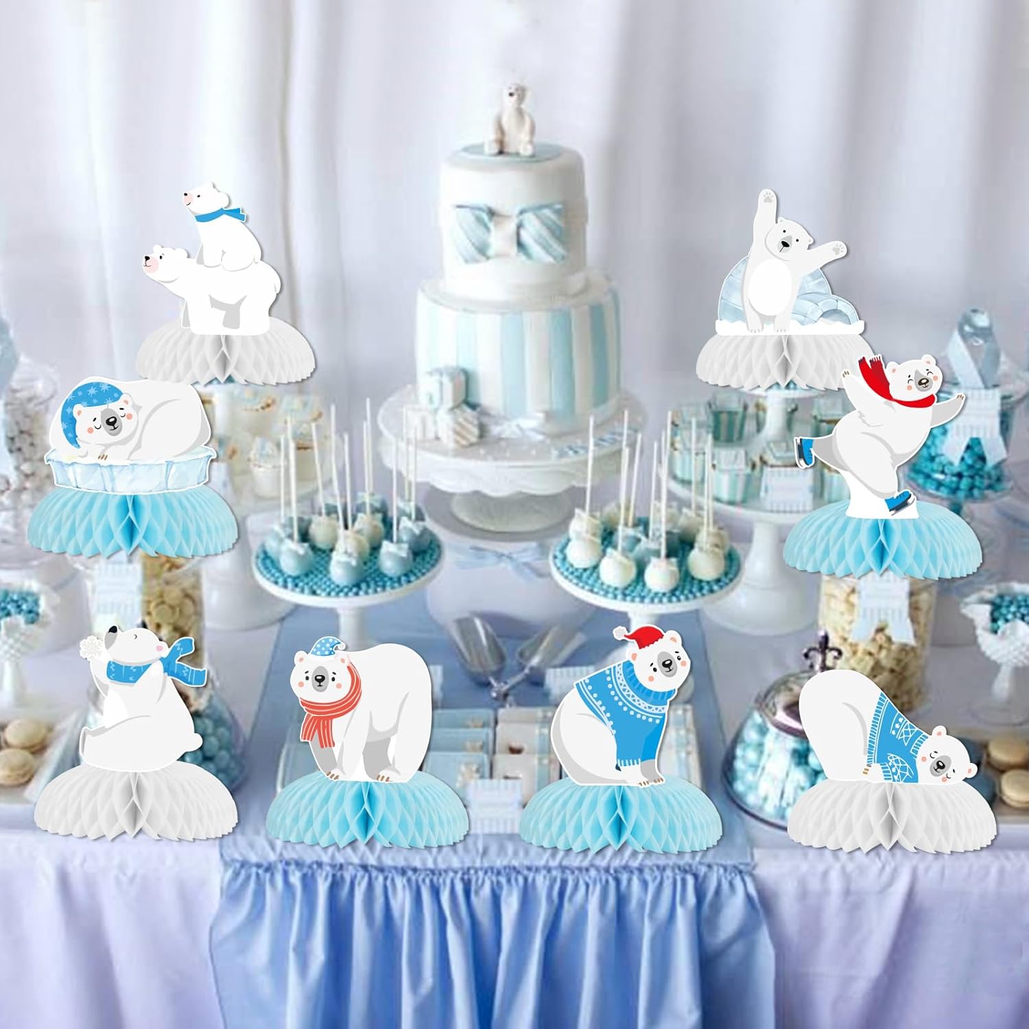 8PCS Polar Bear Honeycomb Centerpieces Polar Bear Party Table Centerpieces Polar Bear Party Decorations for Winter Themed Birthday Party Supplies
