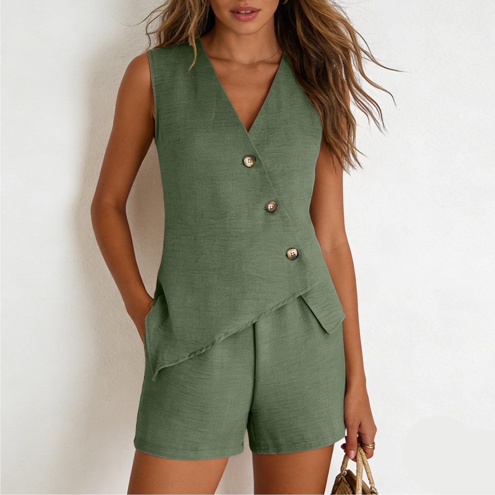 Conjunto de Dos Piezas para Mujer Traje de Verano Traje Ocio con Pantalones Cortos y Top Set Lino y Algodón Informal para Playa Sin Mangas Transpirable Juego Ligero Transpirable Ocio Trabajo