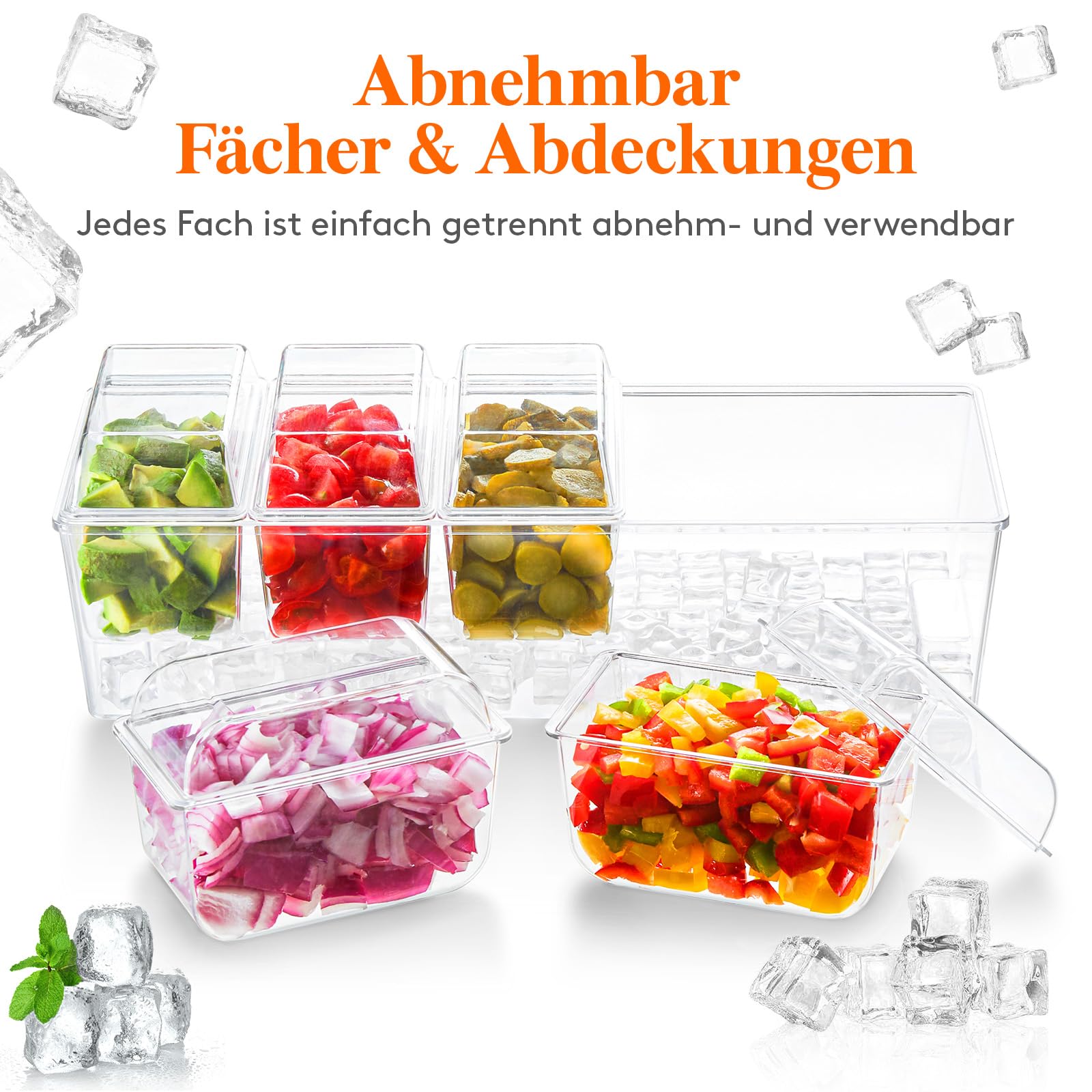 Lifewit abnehmbare Ice Zutatenbehälter mit Deckel, Frischebehälter, Ice Eiswürfel hinzufügbar, 5 Fächer Behälter zum Garnieren, Serving Bar für Obst/Snacks/Cocktail Zutaten