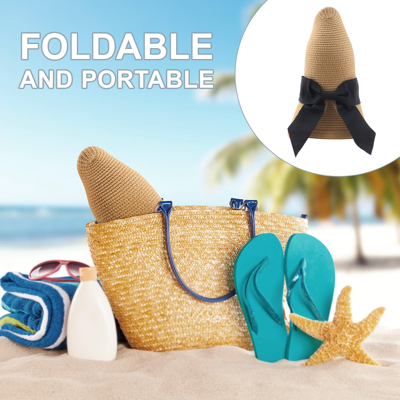 DRESHOW Cappelli da Sole per Donna Fedora da Viaggio Pieghevole da Spiaggia Cappello da Sole Sstivo a Tesa Larga in Paglia con Fiocco UPF 50+
