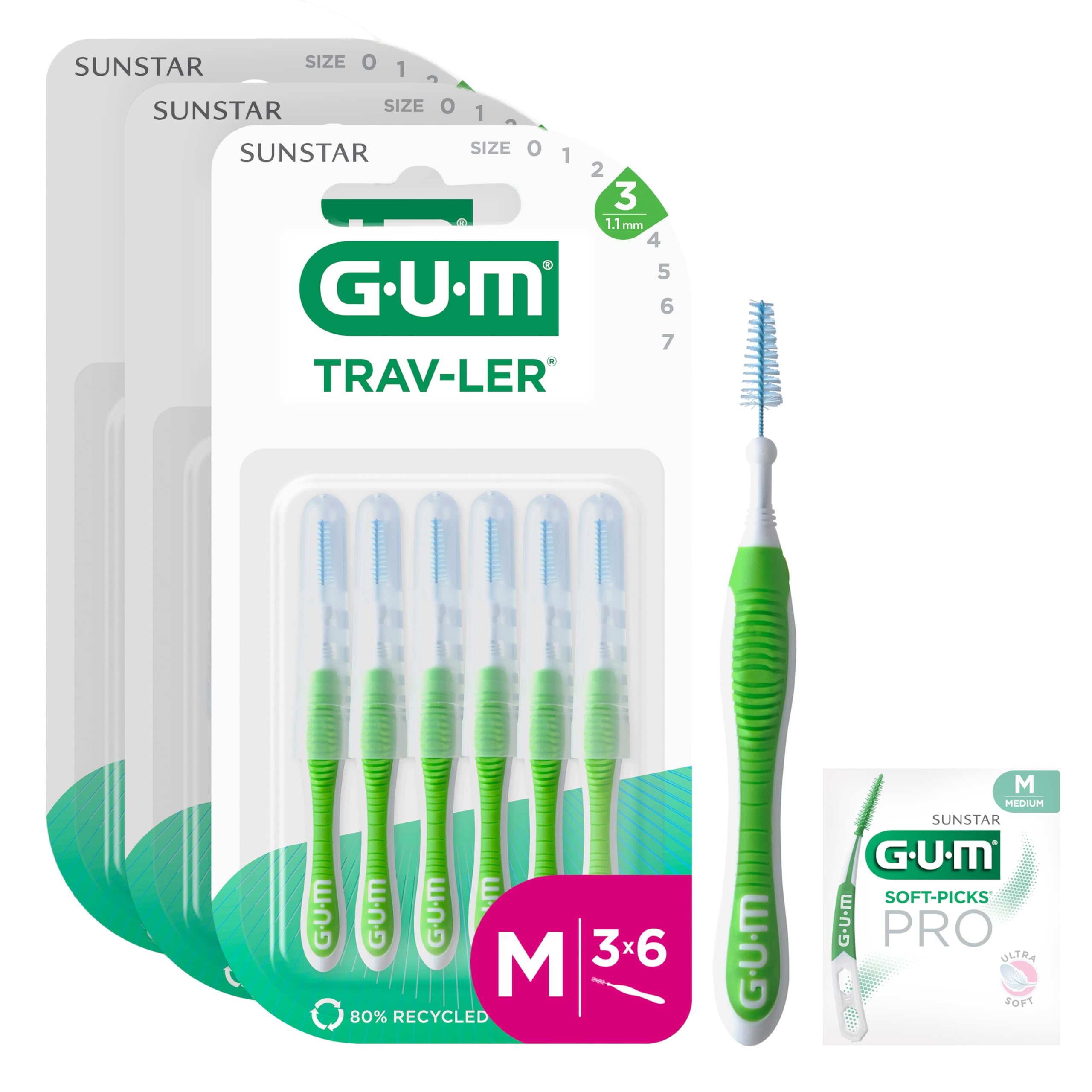 GUM TRAV-LER Scovolini interdentali | manico flessibile | pulizia profonda tra i denti e rimozione della placca | 1.1 mm, ISO 3 | Taglia M | Confezione 3x6 (+ 1 campione omaggio)