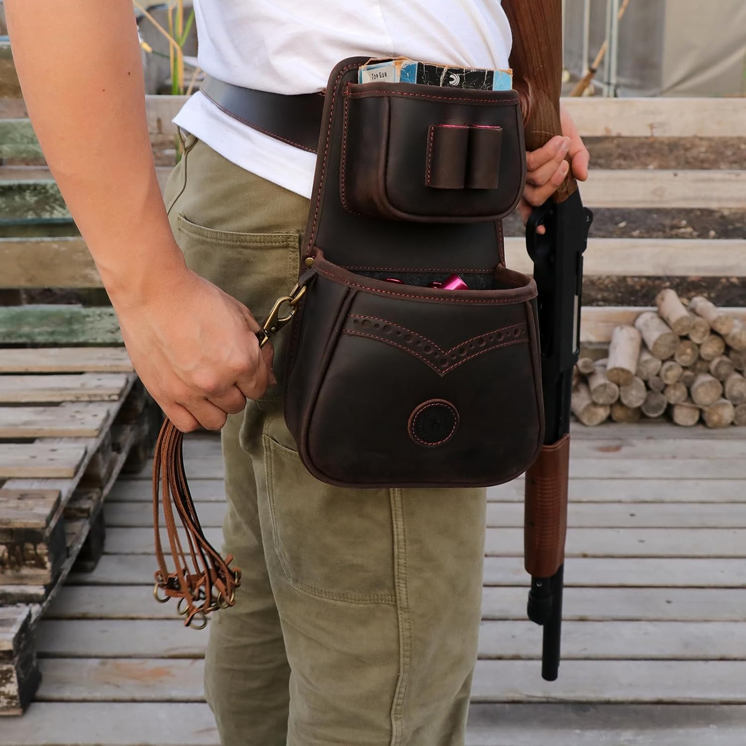 TOURBON Leather Shotgun Shell Holder Ammo Pouch with 1 Box Cartridge Carrier - Image 6