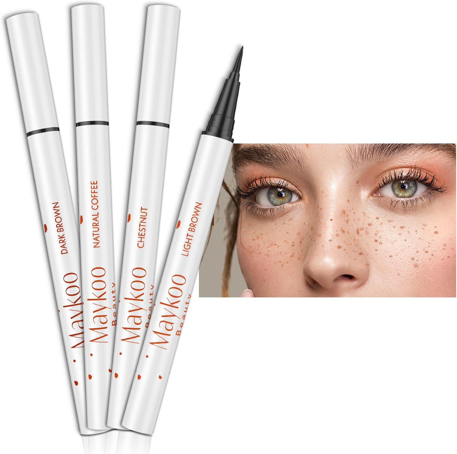 MAYKOO 4 Colors Freckle Pen, Natural Lifelike Face Fake Freckles, 4 Packs | Freckle Makeup, Waterproof, Long Lasting, Quick Dry, 0.1 mm ultra-fine, Light Brown, Natural Coffee, Chestnut, Dark Brown