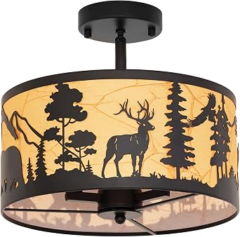 Rustic Semi-Flush Mount Ceiling Light Fixture with Slanted Installation and Lampshade, E12 Base 3-Light Round Black Metal Fixtures with Deer and Bear Design - Perfect for Kitchen, Bedroom, Foyer