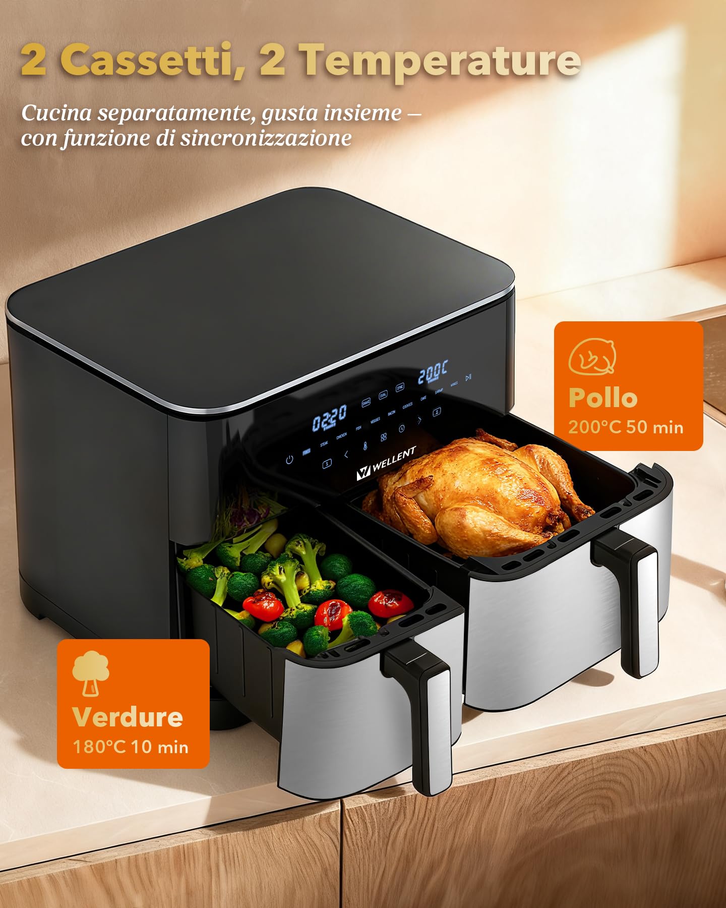 Friggitrice ad Aria 11L con Doppio Cestello (4+7L), Air Fryer XXL 2600W, Doppia Resistenza, 10 Programmi, Cottura Indipendente & Sync, Risultati Croccanti con Poco Olio, Touchscreen Digitale