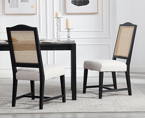 Miniatura 3 de EALSON Juego de 2 sillas de comedor de ratán tapizadas de lino con respaldo de bastón, sillas de cocina modernas de mediados de siglo, sillas