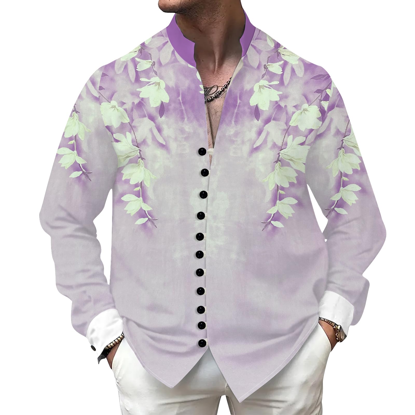 DCDany Mens Shirts Long Sleeve Casual Button Down Shirt Stand Collar Shirts