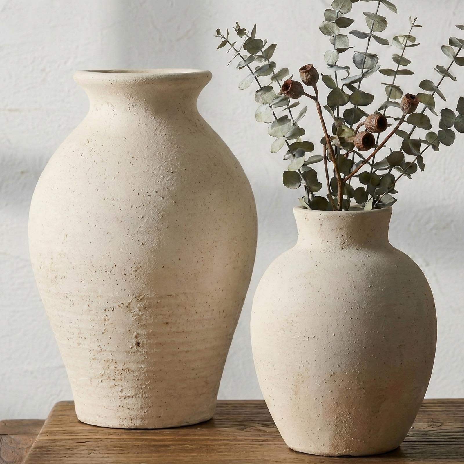 Photo 1 of Yiyiring 2 Pcs Rustic Farmhouse Vase Terracotta Clay Vase White Pottery Decorative Flower Pot Vintage Decor for Table, Living Room, Shelf, Mantel Decoration