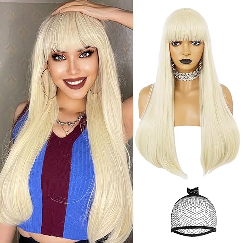 IMEYLE Peluca rubia clara con flequillo para mujer, peluca Dorada larga y recta, peluca sintética larga rubia para niñas, peluca de cosplay de anime