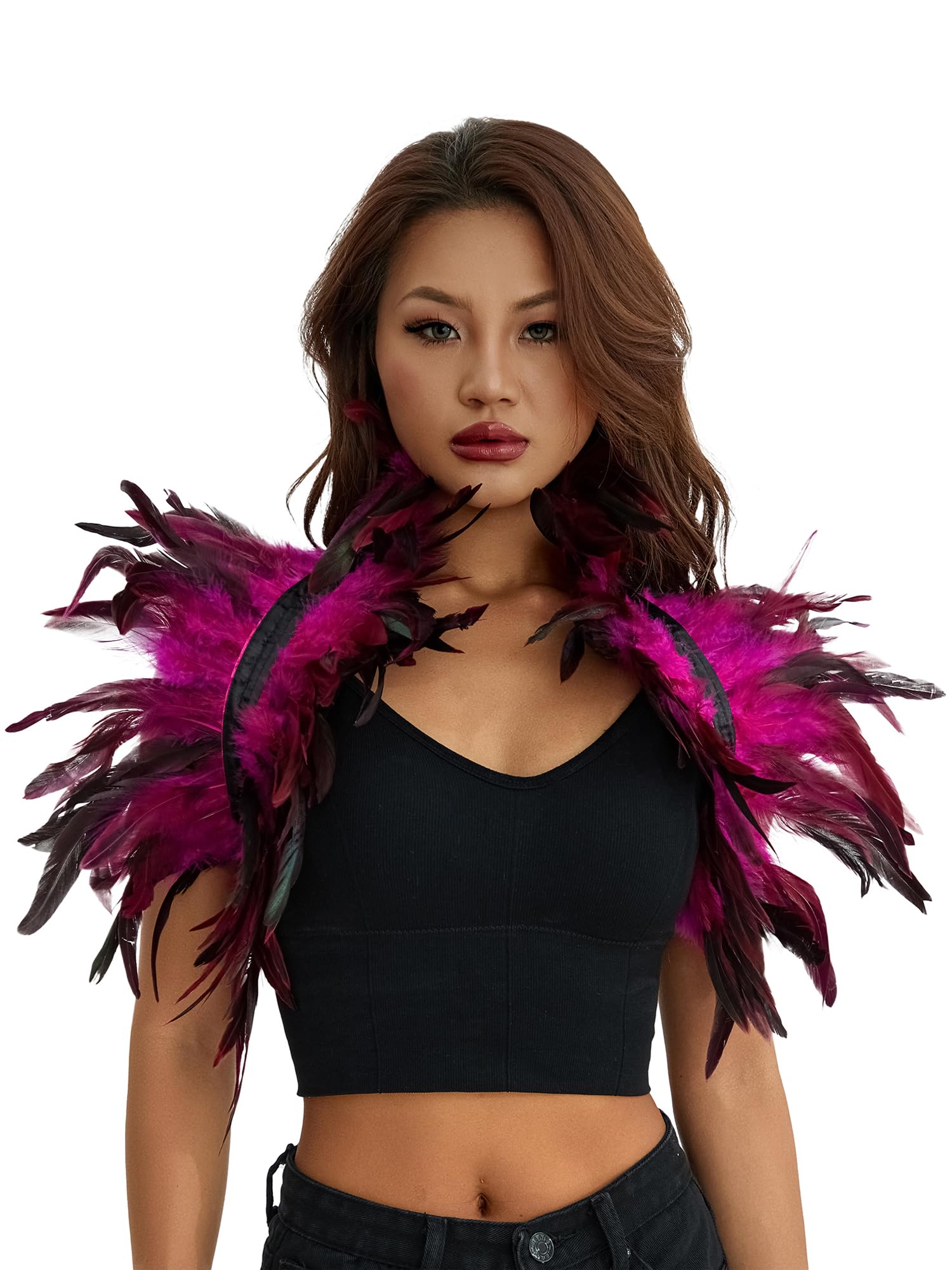SANSIWU Women Natural Feather Cape Maleficent Costume Gothic Lacing Shawl Shrug Collar Feather Cloak for Halloween Cosplay Party (A-Rose Red, One Size)