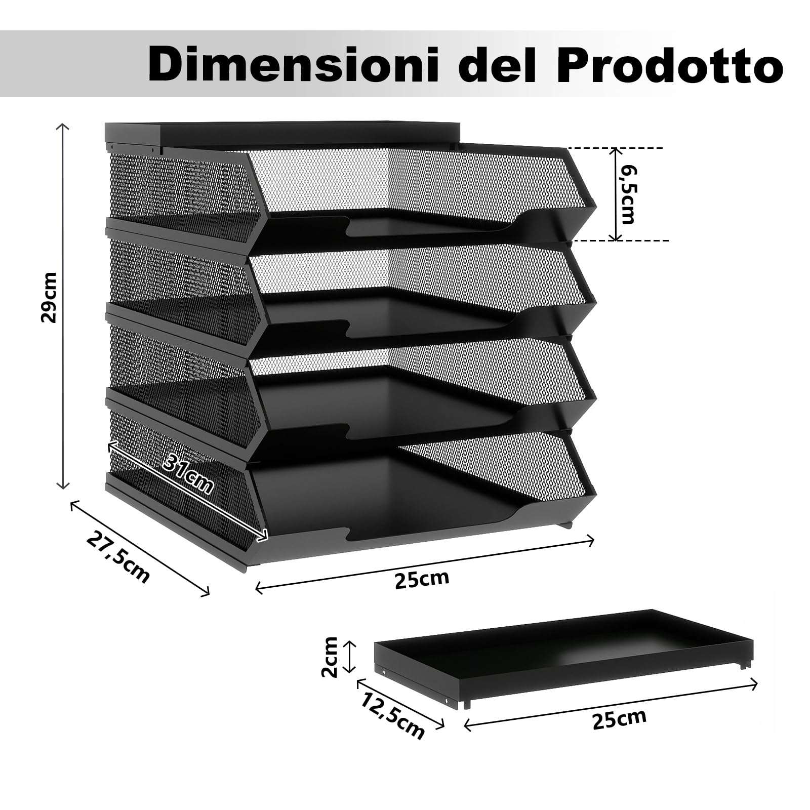 PUNCIA Organizer da Scrivania per Ufficio a 4 Livelli con Portaetichetta | Vassoio per Lettere in Metallo Supporto da Scrivania per Accessori per l'Ufficio Domestico e Scolastico(Nero)