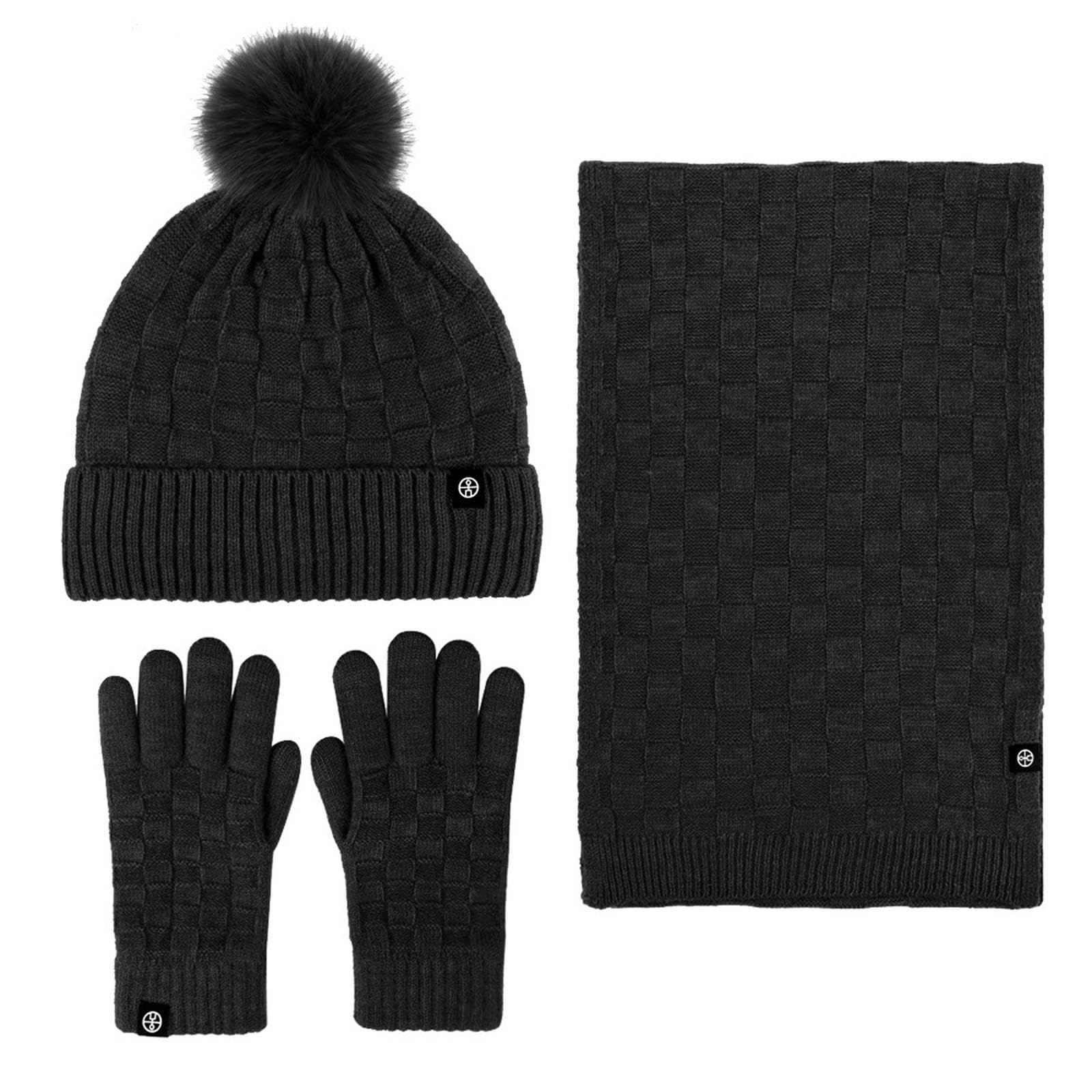 Wintermütze Schal Handschuhe Set Winter-Set Mit Fleece-gefütterter, Warmer Bommel-strickmütze, Und Handschuhen Für Den Außenbereich-schwarz
