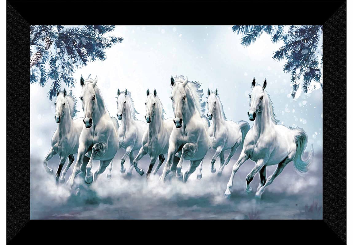 SAF UV Textured 7 Running Horses Vastu Framed Painting (11 inch X 14 inch) SANFKH39 SANFKH39