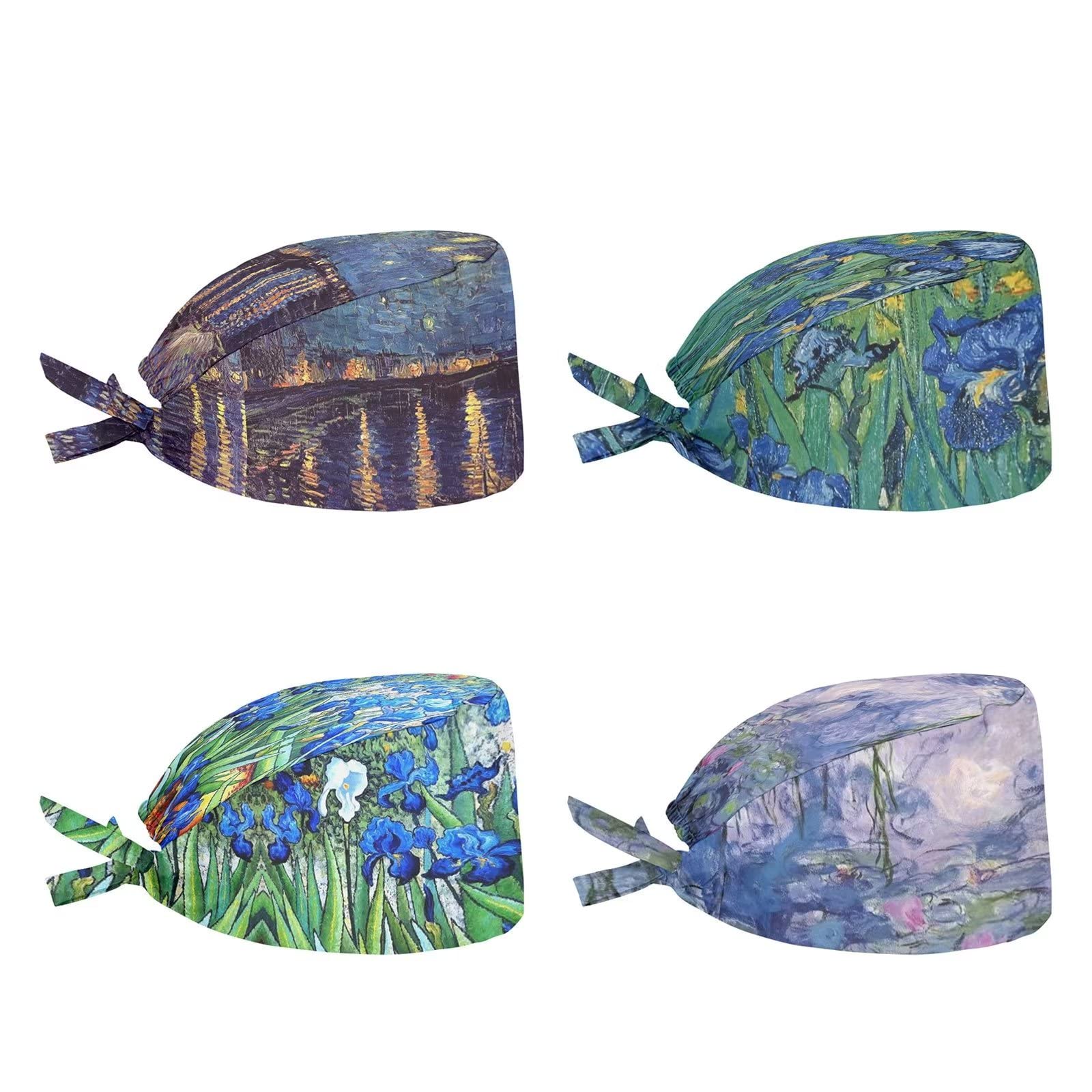 FrestreeVan Gogh Painting Gourd-Shaped Working Cap Flower Pattern Scrub Hat for Women Men Unisex, with Sweatband Adjustable Tie Back, One Size, Spa Hats Shopping Traveling Headwear, 4 Pcs Set