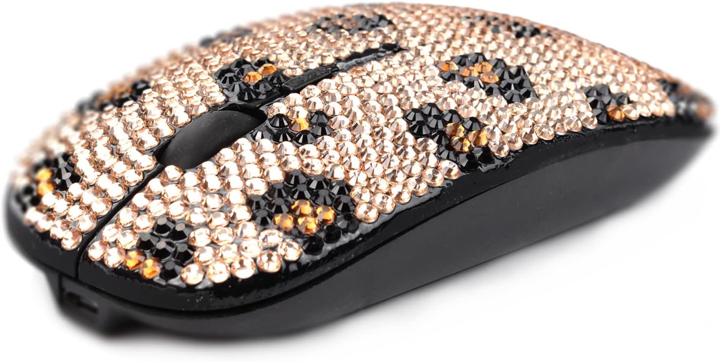 SA@ Bling Crystal Rhinestone Wireless Mouse Sparkly Computer Mouse with USB Receiver for Girls, Bedazzled Leopard Mice for Notebook, PC, Laptop, MacBook (Champagne)