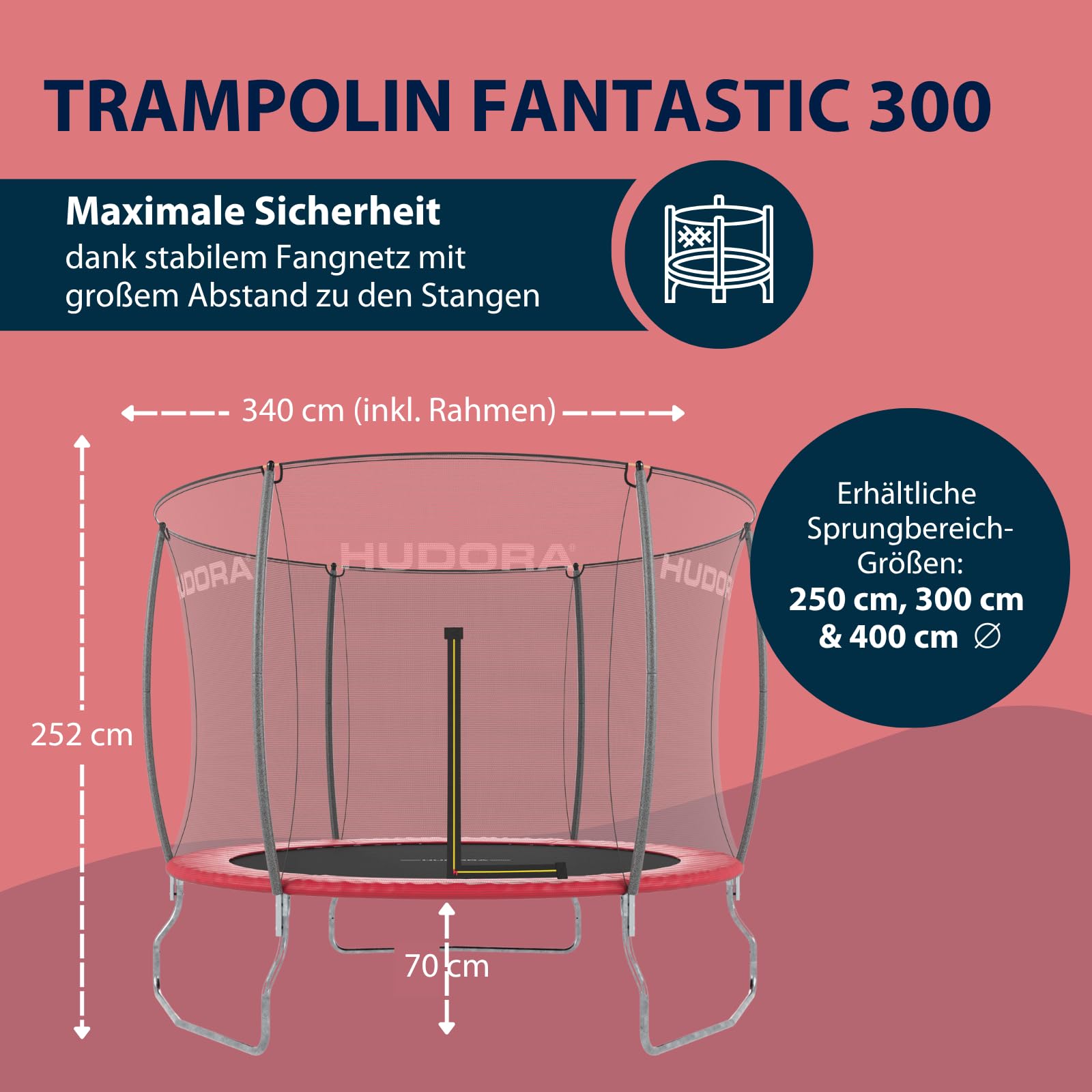 HUDORA Trampolin Fantastic in versch. Größen - Gartentrampolin mit Sicherheitsnetz - Sporttrampolin für bis zu 100kg - Familien-Trampolin mit extra breiter Randabdeckung für Kinder & Erwachsene