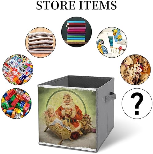 Miniatura 6 de Cubos de almacenamiento de Papá Noel vintage de Navidad, cubos de tela para bebé de 11 pulgadas con asas dobles, organizadores de armario para