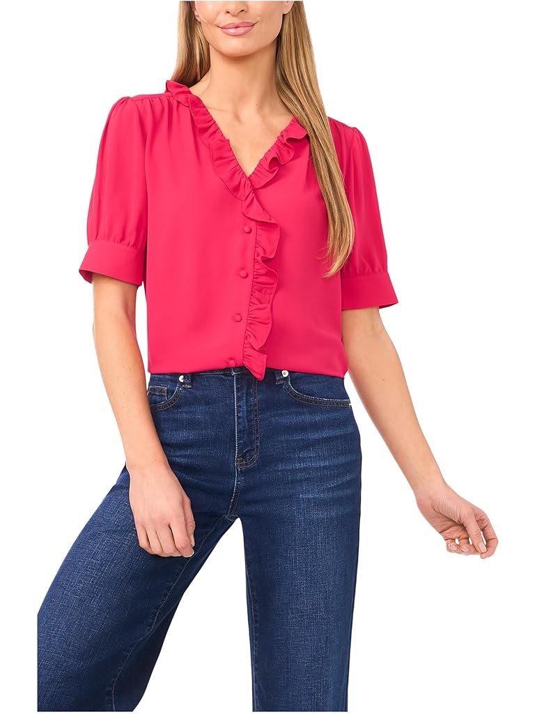 Pink CeCe Short Puff Sleeve Button Down Ruffled Top
