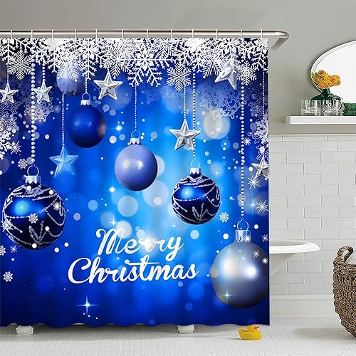 Miniatura 2 de FILMILIL Cortina de ducha de bolas de Navidad, estrella azul y plateada, bola de Navidad, copo de nieve, brillante, romántica, feliz Navidad,