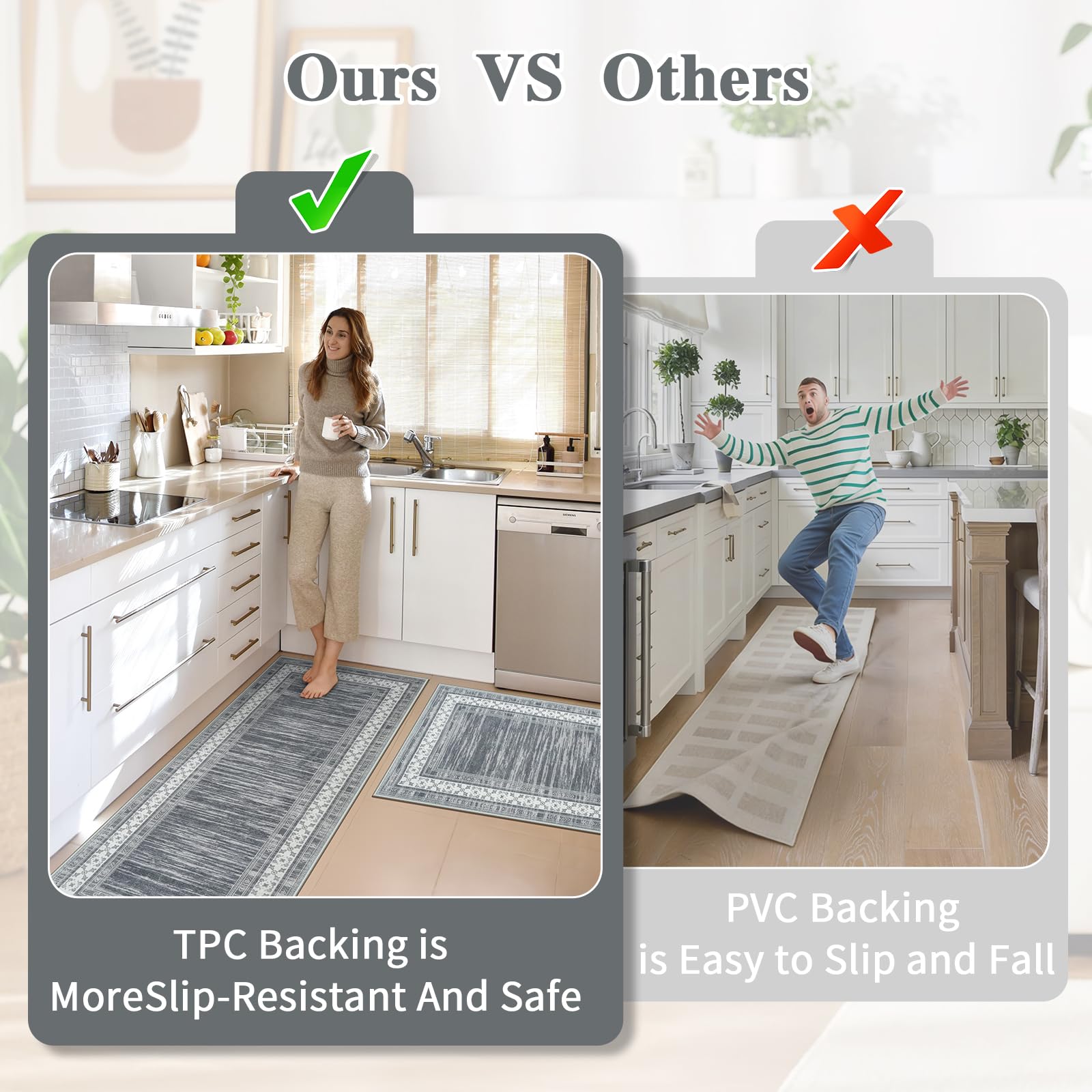Küchenmatten, 2 Stück, gepolstert, Anti-Ermüdungs-Küchenmatten für Boden, rutschfeste Standspüle, wasserdicht, Küchenteppich-Set für Küche, Boden, Eingangsbereich und Heimdekoration, Büro, Grau