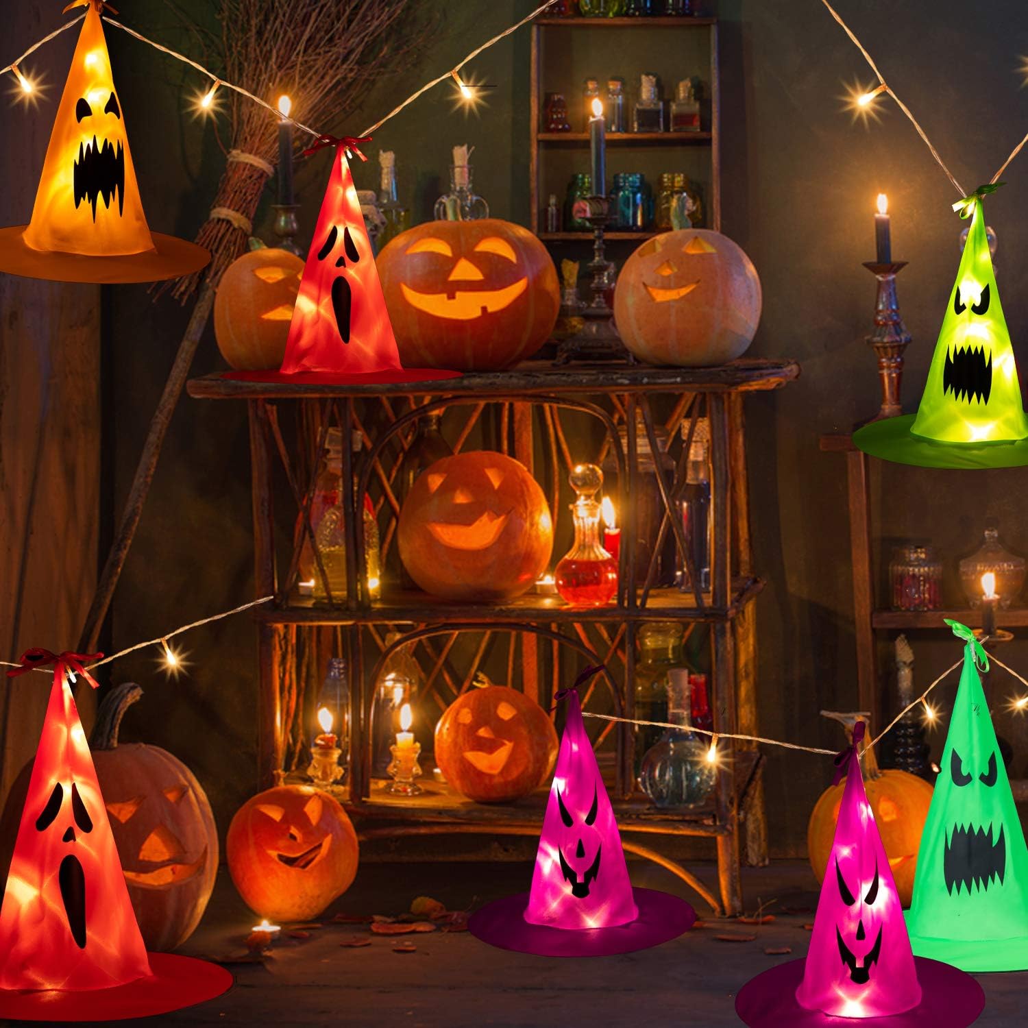 Halloween Witch Hat Lights Decorations - 35Ft 101 LEDs 8 PCS Witch Hats Halloween Lights Decorations, 2 Lighting Modes Battery-Powered String Lights, Halloween Lights for Party Patio Indoor Outdoor