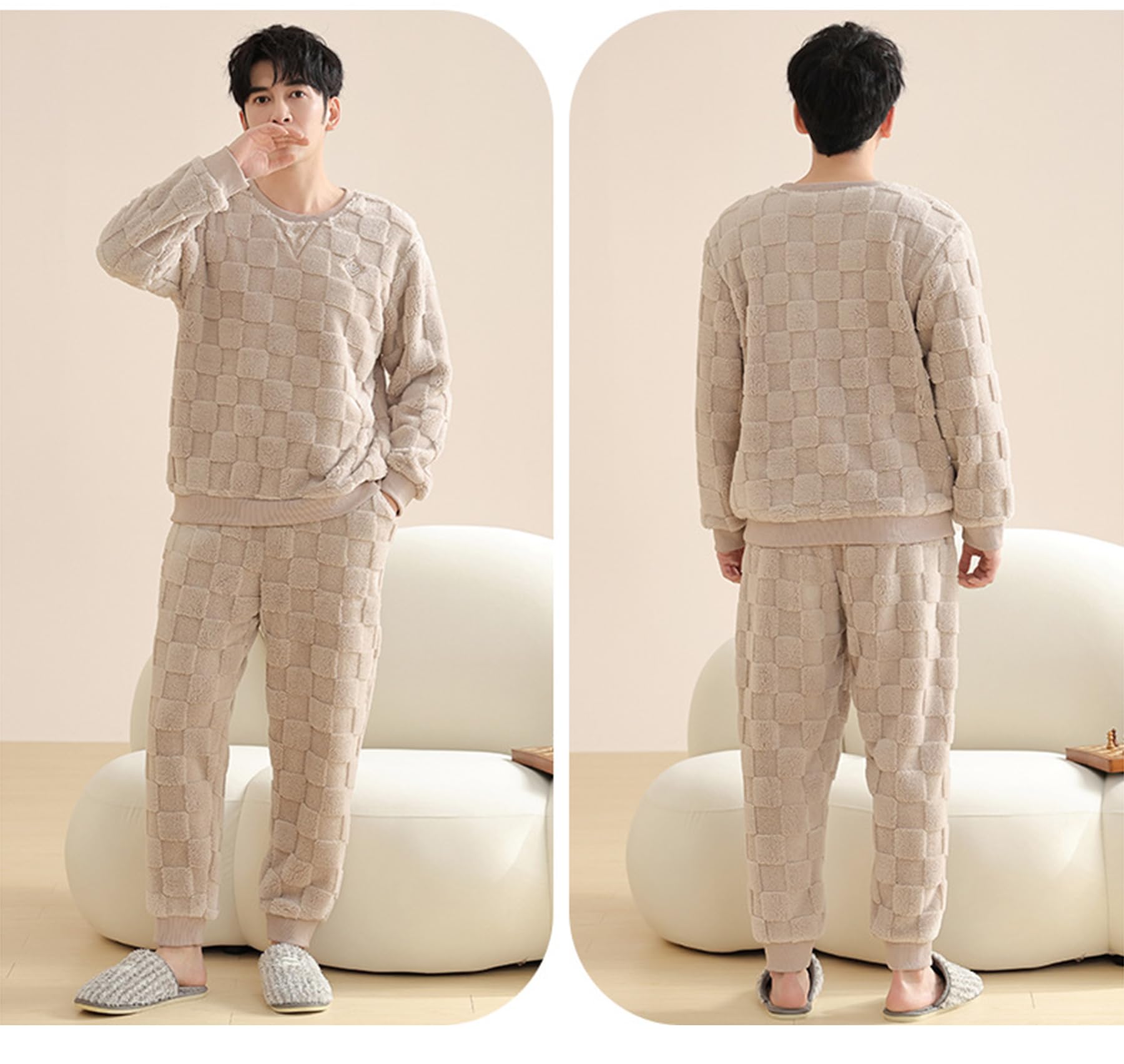 Set di Pigiami da Uomo Pigiama in Pile Corallo Autunnale e Invernale in 2 Pezzi Pullover Ispessito Vestito da casa Pigiama in Peluche Scozzese da Uomo