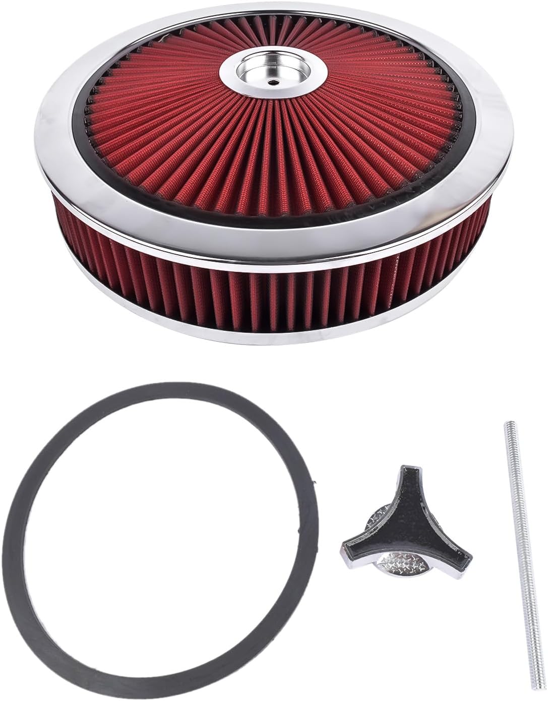 14" x 3" Chrome Red High Flow Thru Washable Air Cleaner Filter 5-1/8-inch neck flange Replacement for Chevy GMC SBC BBC
