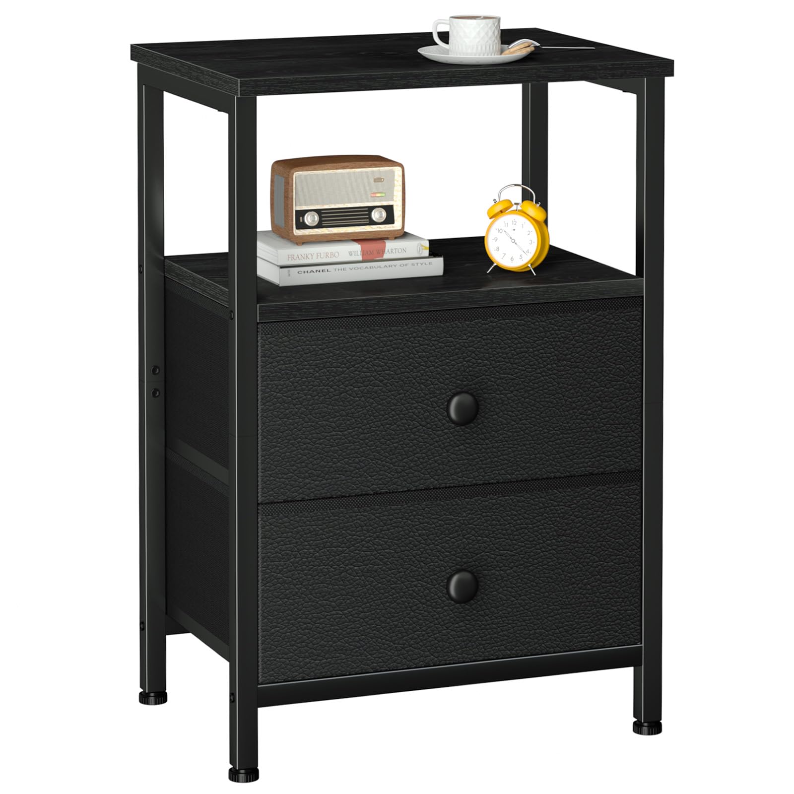 LOAKEKEL Night Stand, Bed Side Table with 2 Fabric Drawer for Living Room, Nightstand with Large Storage Space, End Table with Shelf for Bedroom, Black, HETS002BK-1